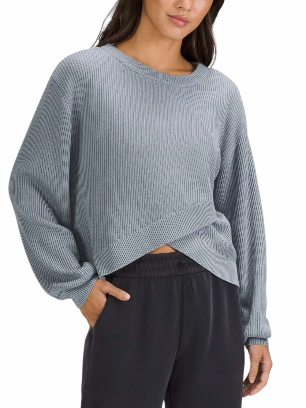 Lululemon Reversible Crossover Sweater Blue Cashmere Blend Ribbed Knit Sz 8 / M